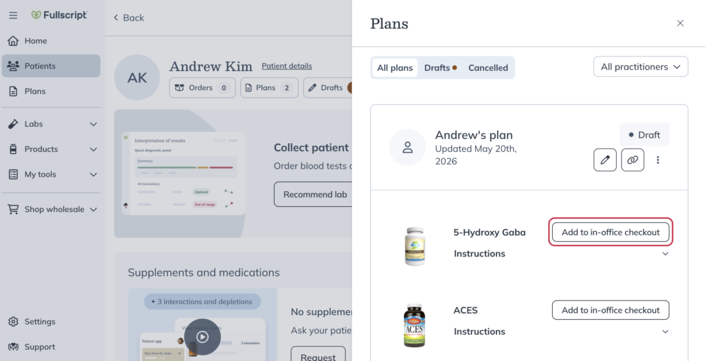 Add to in-office checkout button for an item in a patient plan